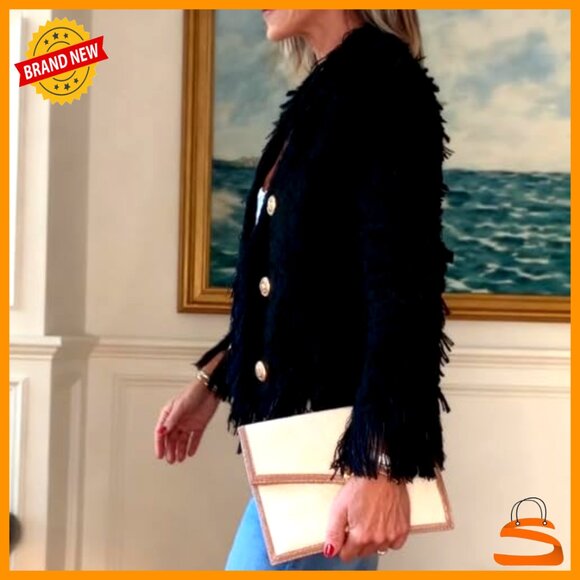 Tweed Blazer Cropped Open Front Fringe Jacket Cable Knit Lightweight Casual - Picture 2 of 4